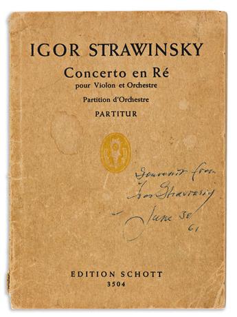 STRAVINSKY, IGOR. Group of three printed scores, each Signed on front cover: Rite of Spring * Serenade in A * Concerto in D.